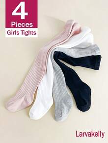 4 Pairs Girls All-Match Minimalist Ribbed Snug Fit Leggings, All-Season Versatile Base Layer Tights, Suitable For Girls' Daily Wear - Multicolor - View 12