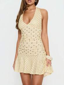 Women's Pale Yellow Polka Dot Halter Mini Dress Deep V Neck Side Ruched Ruffle Hem Sleeveless Bodycon Flowy Summer Going Out Dress - Beige - View 4