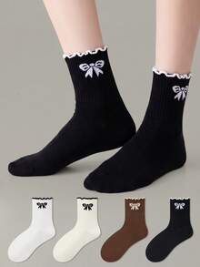 ZUJO 4 Pairs Women's Mid-Calf Socks, Bow Knot Pattern, Suitable For Autumn/Winter Daily Wear, Simple And Comfortable, Random Color - Multicolor - View 4