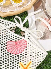 1pc Lightweight Hollow Crochet Headscarf, Bright Ocean Starfish & Shell Applique With Shell Pearl Tassel Square Scarf, Gentle & Cute Headscarf, Suitable For Summer Beach Outings, Pool & Seaside Market Outfits, Back To School Gift For Daughter - Multicolor - View 8