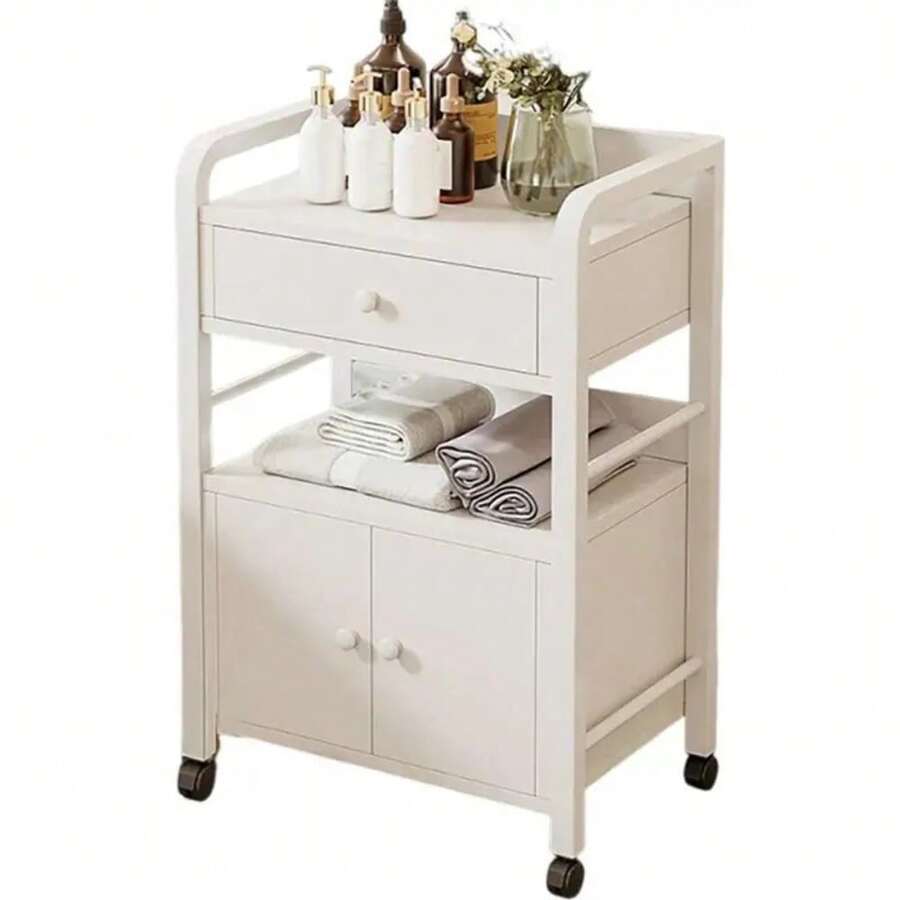 Simple Small Aesthetic Side Table Cabinet With Wheels - White - View 1