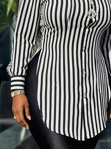 Women's Fashion Plus Size Black & White Striped Long Shirt, Asymmetrical Hem, All-Season Essential - Black and White - View 4
