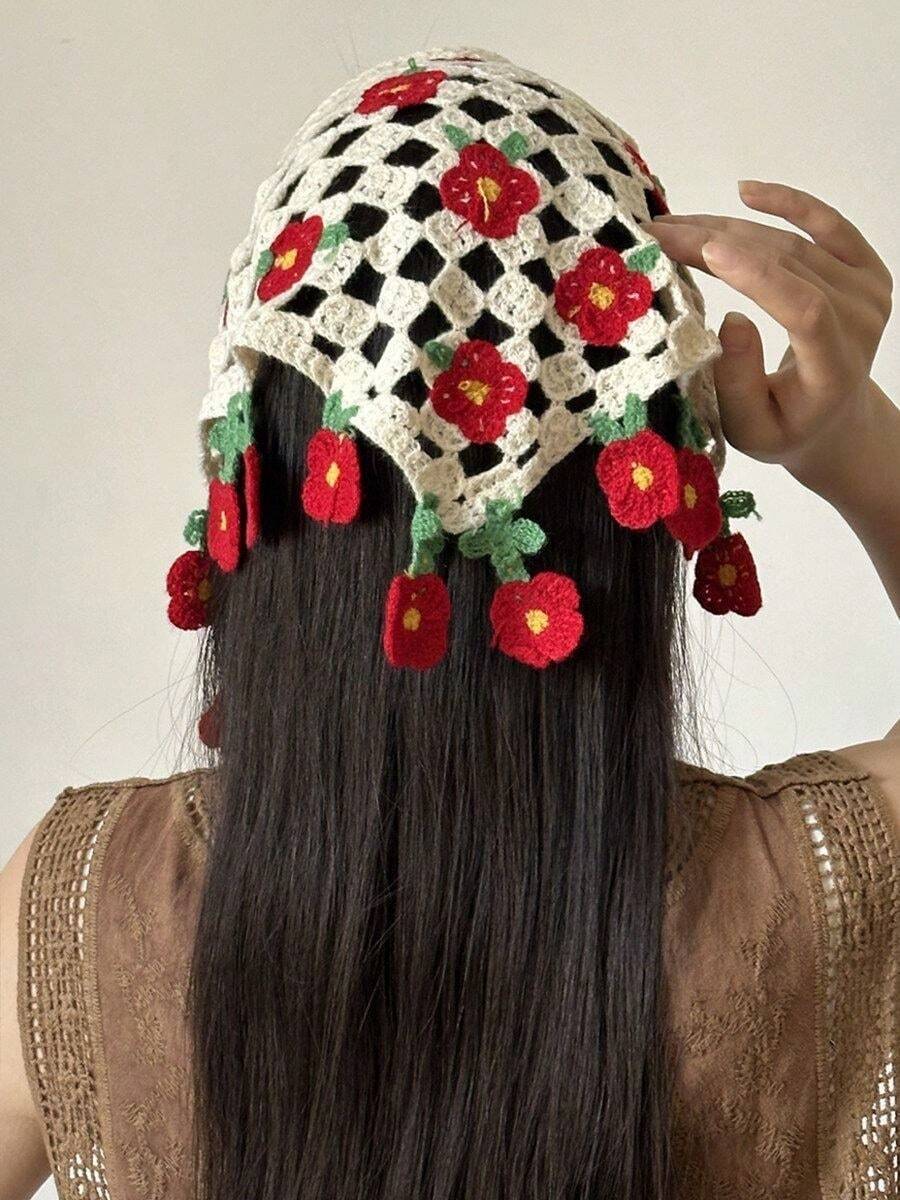 Hollow Knit Sweet Floral Women's Triangle Scarf/Headband, Daily Multi-Functional Hair Wrap, Pastoral Sweet Style Girl Hair Accessory, Daily Outing Vacation, Beach Photography - Red - View 1
