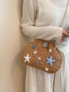 Dedoo 2026 New Woven Clutch Bag, Handmade Raffia Straw Summer Beach Bag, Solid Color Textured Pattern, Large Capacity, Suitable For Women Traveling, Straw Woven Bag - Khaki - View 4