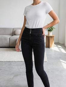 High-Waisted Black Denim Pants –Triple Button Closure, Stretch Fabric - Dark Wash - View 3