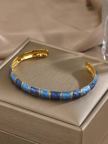 1/3PCS Stainless Steel 18K Gold Plated Minimalist C-Shaped Blue/Green/Pink Oil Drop Bracelet Suitable For Women's Daily And Party Wear - Multicolor - View 4
