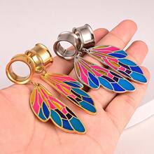 2pcs Hypoallergenic Color Enamel Butterfly Wing Dangle Ear Gauges Plugs, Stainless Steel Hollow Ear Tunnel Stretchers, Expander Piercing Jewelry - Round - View 3