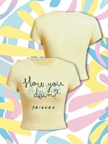 SHEIN X FRIENDS Summer Women's Short Sleeve T-Shirt With IP Print,Versatile Styling,Y2K&Retro Vibes. Casual - Yellow - View 7