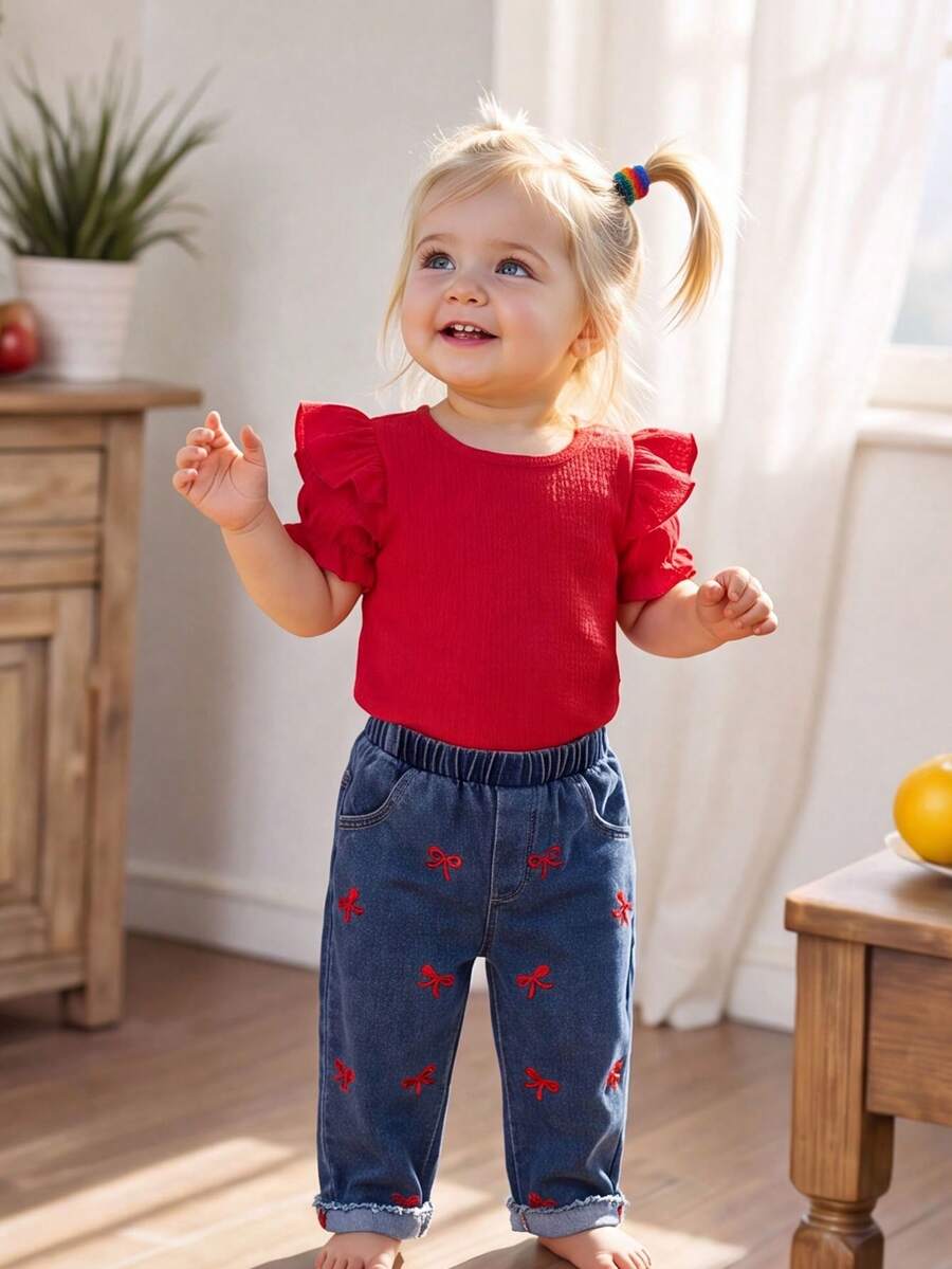 2pcs Baby Girl Casual Solid Color Ruffle Trim Cap Sleeve Top And Bow Embroidered Elastic Waist Denim Long Pants Set - Burgundy - View 1