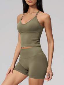 NcmRyu Setelan Olahraga Wanita Satu Set Warna Polos Model Y-Back dengan Gesper Logam yang Dapat Diatur, Tali Bahu Tipis, dan Pinggang Tinggi Bergaris - Olive Green - View 8