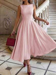 Elegant Casual Minimalist French Style Sleeveless Backless Cinched Waist Flared Dress, Suitable For Campus, Daily, Date, Vacation, Commute, Holiday Party Outfits - Pink - View 4