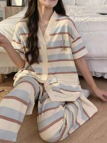 2件組可愛印花女款睡衣 春夏秋 V領短袖長褲 親膚家居服套裝 - 杏色 - 查看 4