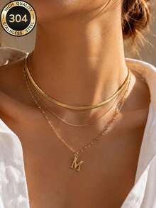 3pcs/Set 18K Gold Plated Women's Fashion Delicate Versatile Round Bead & Minimalist Chain Necklace, 26 Letters, Suitable For Anniversary, Christmas, Holiday Gift - Necklace - View 2