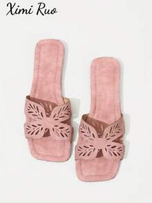 Ximi Ruo New Spring/Summer Fashion Casual Strap Slide Sandals, Comfortable Flat Heel Round Toe Beach Slippers, Versatile Slip-On Sandals For Women - Pink - View 1