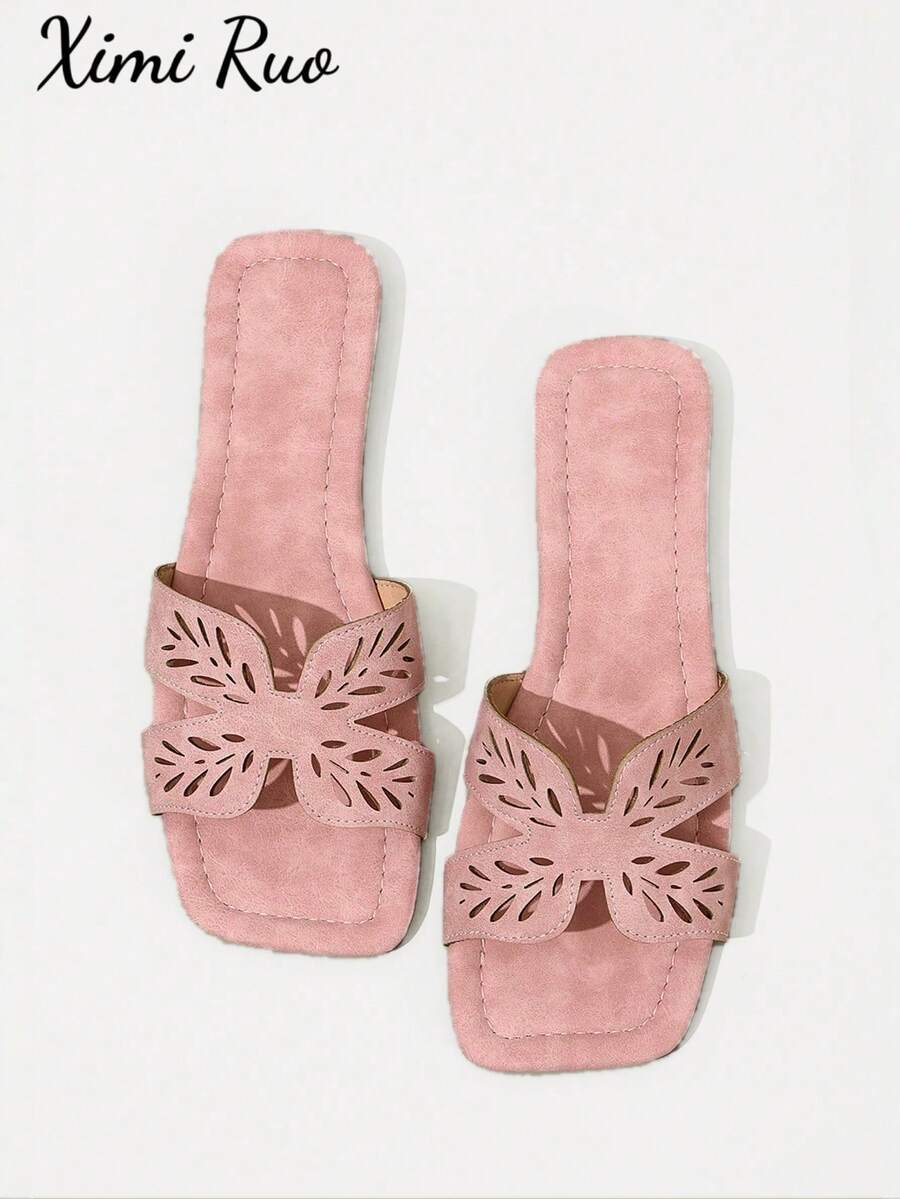 Ximi Ruo New Spring/Summer Fashion Casual Strap Slide Sandals, Comfortable Flat Heel Round Toe Beach Slippers, Versatile Slip-On Sandals For Women - Pink - View 1