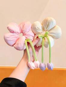 4/2 pezzi/Set Scrunchies colore crema dopamina con fiori 3D, Scrunchies in tessuto con petali 3D completi, Colore solido con pendente tulipano in nastro verde, Accessori per capelli a pois colorati - Adatti per donne e ragazze, Perfetti per uso quotidiano, appuntamenti, scuola, vacanze, spiaggia, feste, vacanze, regali, stagione di laurea - Multicolore - Visualizzare 3