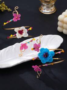 1 pieza/2 piezas Juego de brazaletes de flores 3D coloridas, brazalete abierto de metal con cuentas de alambre, accesorio de brazo multicapa premium para vacaciones en la playa - Brazalete multicapa con diseño floral - Ver 3