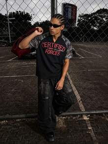 Men's Camo Raglan Waffle Knit Short Sleeve Tee, Vintage Red Letter Graphic V-Neck Jersey Top, Y2K Grunge Streetwear For Urban Skate Outing - Multicolor - View 9