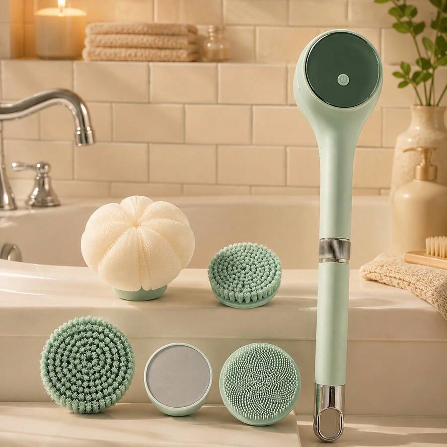 Electric Back Bath Brush, Extendable Long Handle, Full Body Waterproof Shower Brush, With Digital Display, 5 Replacement Brush Heads, Multi-Function Rechargeable Body Exfoliating Cleaning Brush, Battery Capacity: 1200mAh