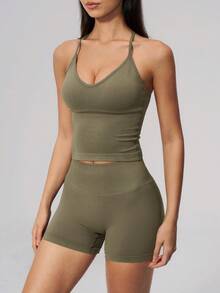 NcmRyu Setelan Olahraga Wanita Satu Set Warna Polos Model Y-Back dengan Gesper Logam yang Dapat Diatur, Tali Bahu Tipis, dan Pinggang Tinggi Bergaris - Olive Green - View 9