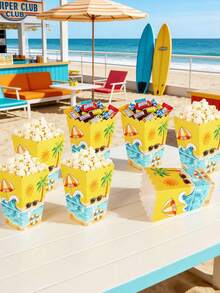 24/12pcs/1pc Beach Theme Popcorn Paper Boxes, Paper Candy Containers, Summer Tropical Palm Tree Sun Wave Pattern, Suitable For Hawaiian BBQ Party, Beach Party - Default - View 7