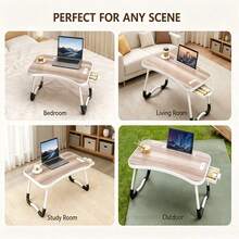 Foldable Laptop Desk Bed Tray Table, Portable Large Lap Desk With Cup Holder, Tablet Holder & Storage Drawer, Multi-Function Bedside Table For Work, Study, Reading, Eating On Bed, Sofa & Couch - Pink - View 5