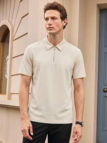 Officeau Men's Casual Solid Color Zipper Short Sleeve T-Shirt, Summer - Apricot - View 1