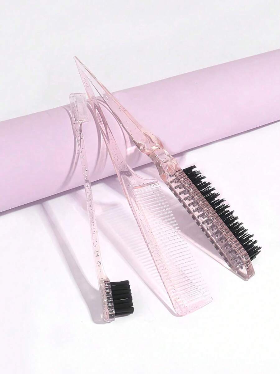 1pc/3pcs Pink Glitter Transparent Hair Comb Set, Edge Hair Comb + Bristle Smoothing Comb + Pointed Tail Sectioning Comb, Professional Styling Tools For Women, Minimalist Practical Daily Braiding Makeup Travel Gift (1pc Glossy Random Color And Style) - Baby Pink - View 1