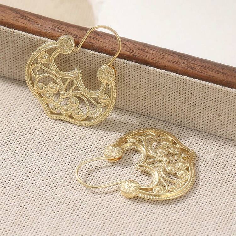 復古手工銅製耳環，優雅女款金色圓形耳環，波希米亞風日常禮物耳環 - 金色 - 查看 3