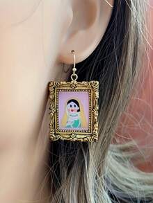 1 Par de Brincos Pendentes com Design de Foto Colorida, Joias de Resina em Estilo Cartoon Fofo, Brincos Encantadores para Mulheres - Golden H - Visão 4