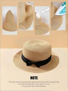 1pc Bohemian French Style Raffia Bow Straw Hat, Women's Summer Beach Sun Protection Panama Hat - Multicolor - View 5