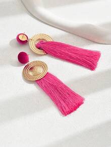 1 Pair Women's Vintage Elegant Oversized Exaggerated Tassel Earrings, Fashionable Versatile For Daily Wear - Hot Pink - View 3