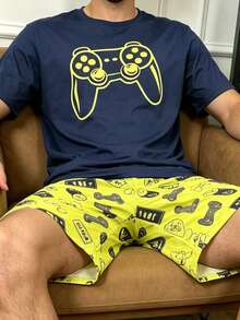 Men's Summer New Pajama Set, Comfortable Round Neck Cool Game Console Print Short Sleeve & Shorts 2-Piece Set, Lazy Comfortable Casual Homewear - Multicolor - View 4