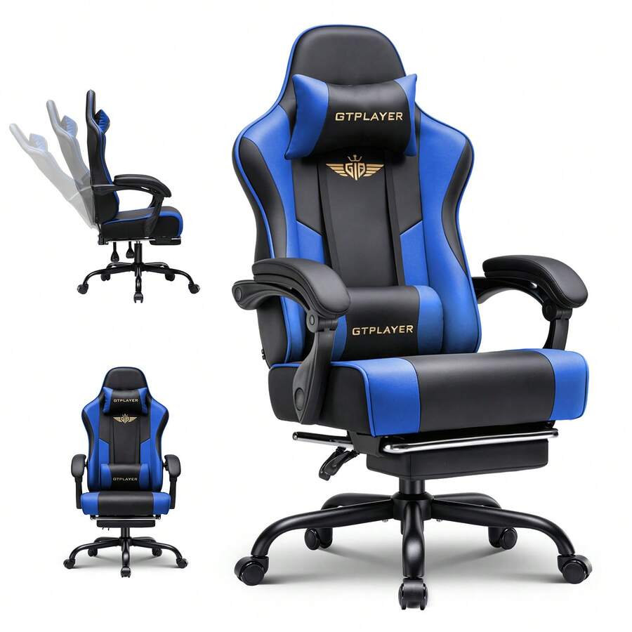 EXRACING Gaming Chair - Ergonomic Gaming Chair With Footrest, Headrest And Lumbar Support, Height Adjustable, Padded, 180 Kg - 藍色 - 查看 1