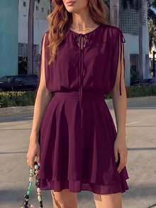 Women's Elegant Chiffon Mini Dress, Tie Neck Cold Shoulder Sleeveless High Waist Flowy A-Line Skirt, Suitable For Party And Outing - Purple - View 7