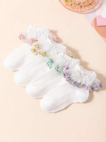 1/4雙春夏女童/嬰兒白色蕾絲襪、粉色蕾絲刺繡花朵荷葉邊襪、可愛時尚網眼透氣耐穿彩色蕾絲百褶襪，適合返校/生日派對/舞蹈表演/戶外活動，多種組合可選 - 彩色 - 查看 6