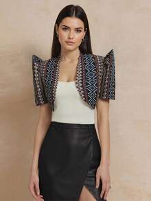 Chaqueta corta ligera con estampado geométrico de moda para vacaciones para mujer - Azul - Ver 4