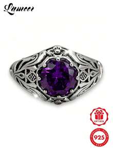 1pc 925 Sterling Silver Vintage Palace Carved Synthetic Purple Zirconia Ring, Perfect For Daily Wear And Anniversary Gift, Comes With Gift Box - Silver - View 2