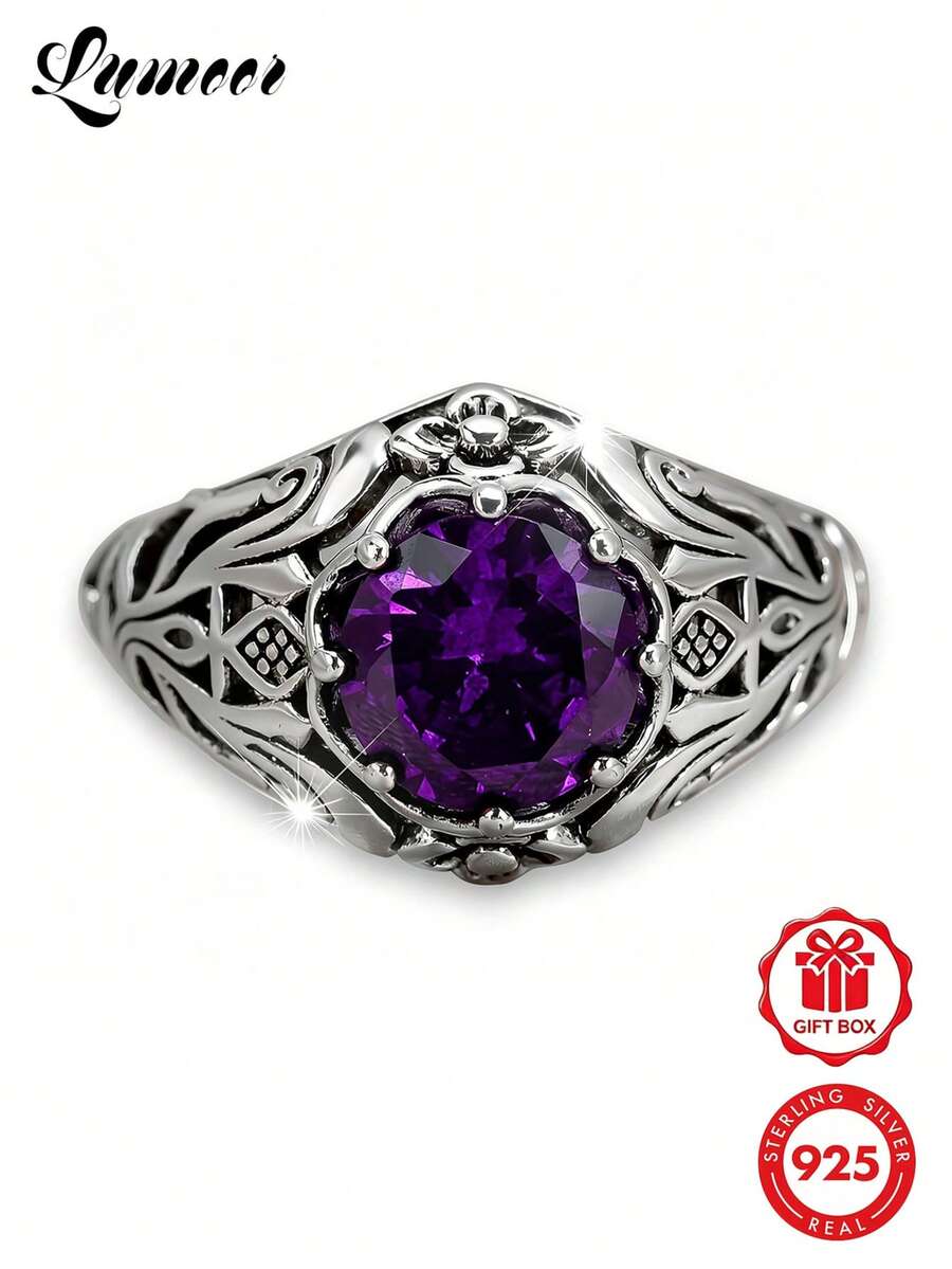 1pc 925 Sterling Silver Vintage Palace Carved Synthetic Purple Zirconia Ring, Perfect For Daily Wear And Anniversary Gift, Comes With Gift Box
