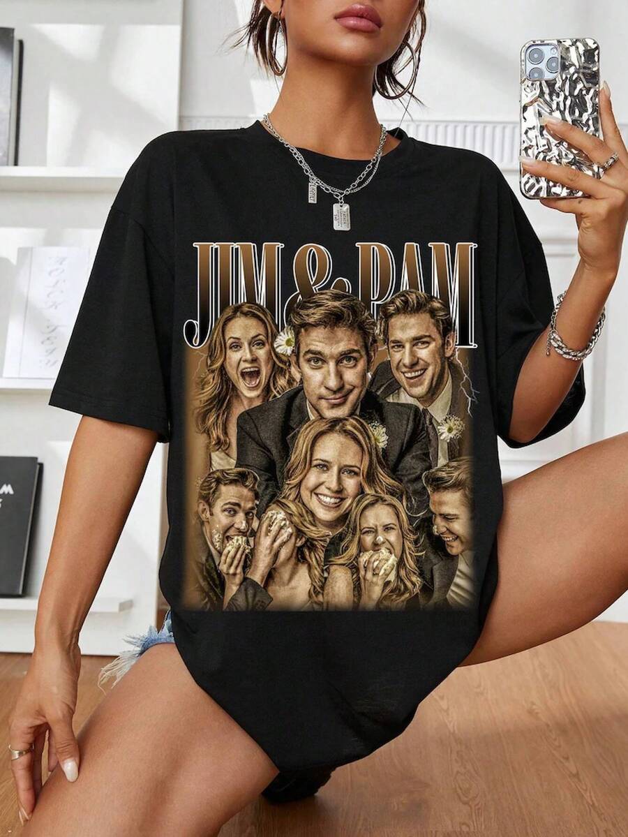 Black Jim & Pam The Office Collage Vintage Unisex T-Shirt - 黑色 - 查看 1