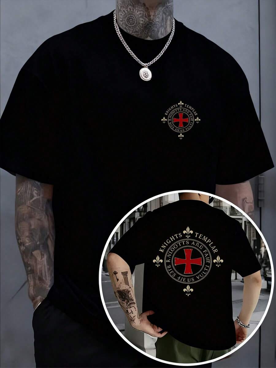 Order Of The Templar Tee, Reversible, 210g Pure Cotton. Round Neck With Personalized Chest And Back Designs, Comfortable And Model To Wear All Year Round. - 黑色 - 查看 1