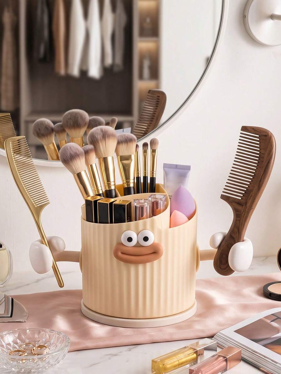 Cute Cartoon 360° Rotating Makeup Brush Holder, Multi-Grid Divided Storage Cup,It Organizes Makeup Brushes, Combs And Makeup Sponge. Non-Slip Rotating Base Keeps Items Easy To Reach, Perfect For Vanity Table And Bathroom Counter Storage. - Multicolor - View 1