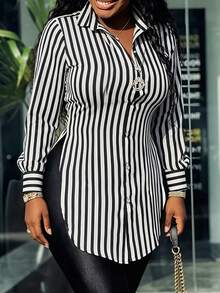 Women's Fashion Plus Size Black & White Striped Long Shirt, Asymmetrical Hem, All-Season Essential - Black and White - View 2