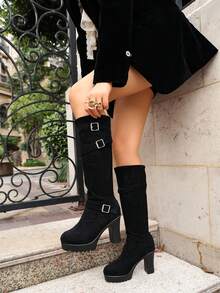 Women Knee High Boots Pull On Buckle Strap Block Heel Round Toe - Black - View 7