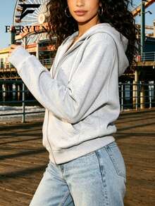 Hot Girl Hooded Drawstring Zip-Up Loose Drop Shoulder Long Sleeve Fleece Sweatshirt, American Vintage Casual Sweatshirt, Beach, Street, Daily, Commute, Spring/Autumn Versatile Top - Grey - View 4