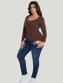 Plus Size Solid Round Neck Long Sleeve Shapewear Bodysuit, Seamless Soft & Skin-Friendly, High-Waist Tummy Control For Daily Layering & Sports Wear - Brown - View 5