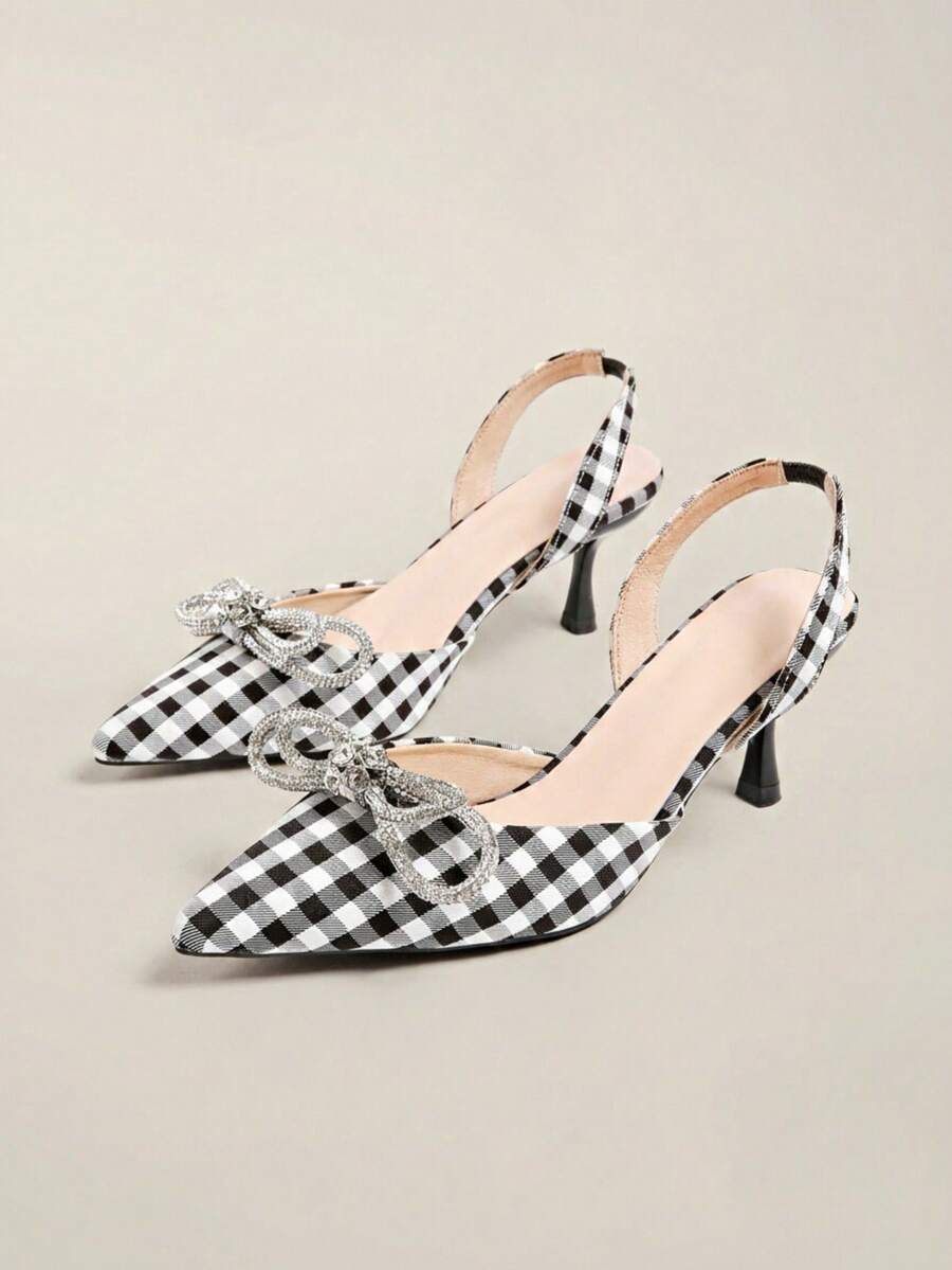 Rhinestone Bow Pointed Toe Stiletto High Heel Sandals For Women, Plaid Backless Sexy Date Commute Party - Black and White - View 1