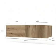 Space Saving Floating Wall Bathroom Vanity 140*53*37.5cm, Handleless Narrow Bathroom Storage Cabinet With Fluted Door & 2 Drawers, Damp Resistant Wall Mount Bathroom Unit Oak Light Gray For Apartment Small Washroom - Multicolor - View 5