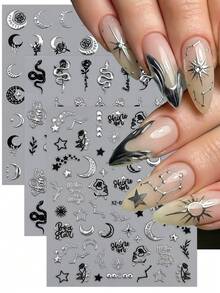 12pcs 5D Gothic Metallic Silver Nail Stickers, Y2K Snake Moon Star Embossed Decals For Acrylic Nails DIY Punk Manicure Decoration Sticker - Multicolor - View 3