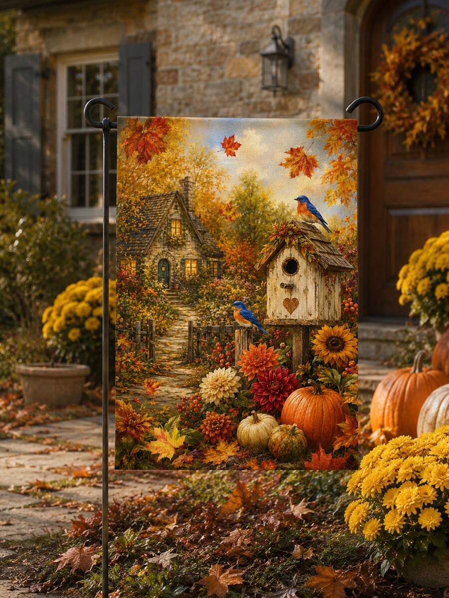 1pc Autumn Harvest Birdhouse Garden Flag, Romantic Country Farmhouse Style Polyester Outdoor Garden Flag, Suitable For Garden Yard, Autumn Decoration, Harvest Festival, Thanksgiving And Outdoor Patio Decor - A - View 1